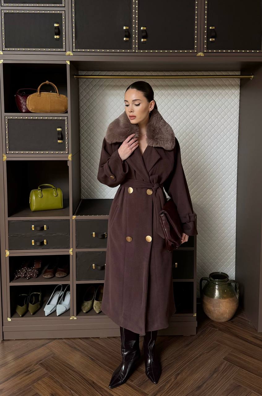 Long Double-Breasted Coat with Fur