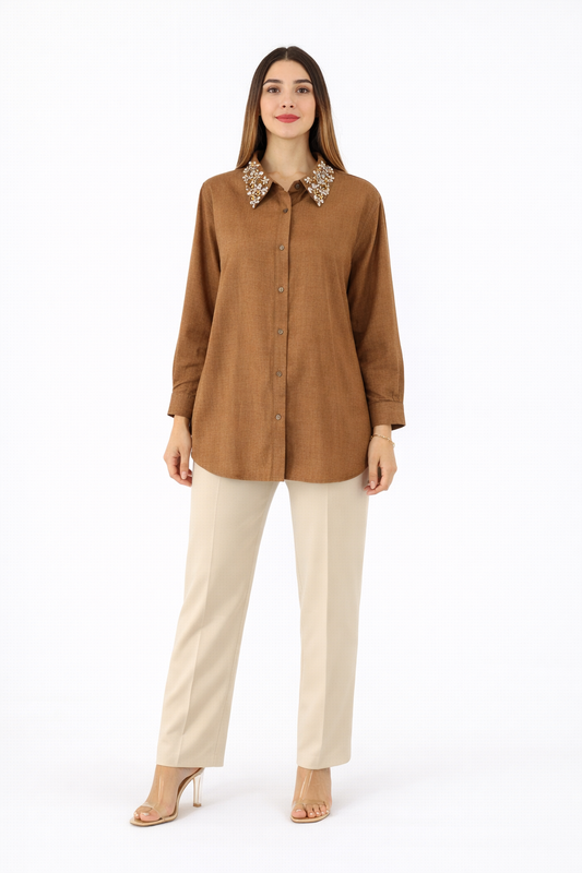 Embellished Collar Button-Up Shirt