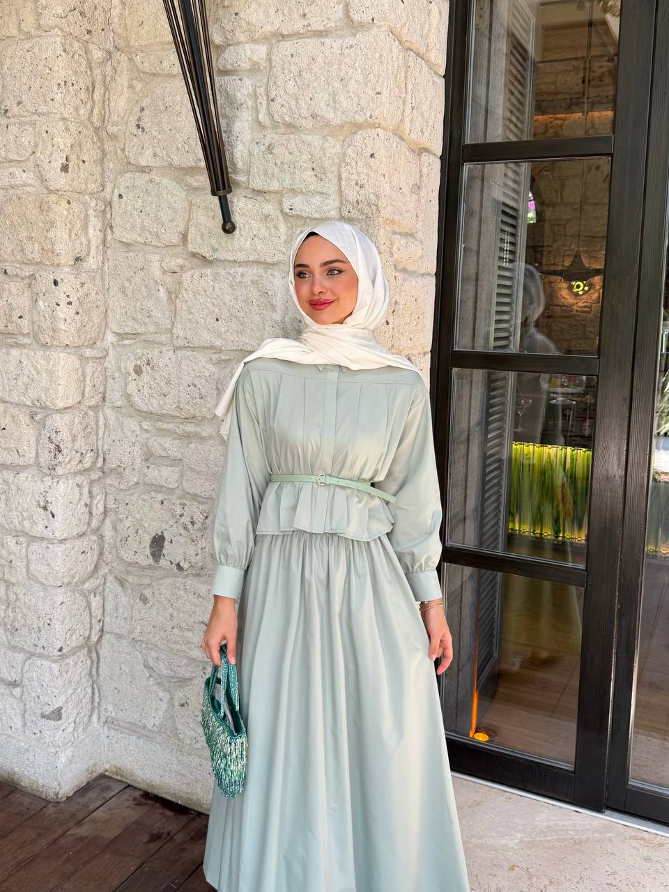 Midi Skirt & Classic Collar Shirt Set + Belt