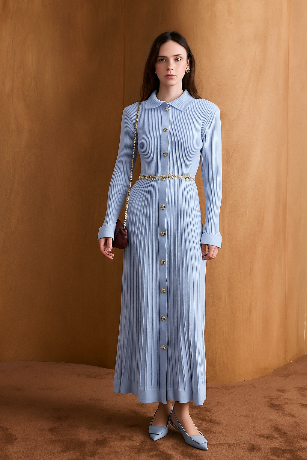 Knitted Button-Down Dress with Elegant Belt